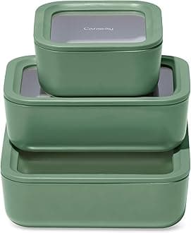 Caraway 3pc Glass Food Storage Set – 10 Cup, 6.6 Cup, & 4.4 Cup Food Containers - Ceramic Coated - Non Toxic Non Stick Lunch Box with Glass Lids - Dishwasher, Oven, & Microwave Safe - Sage