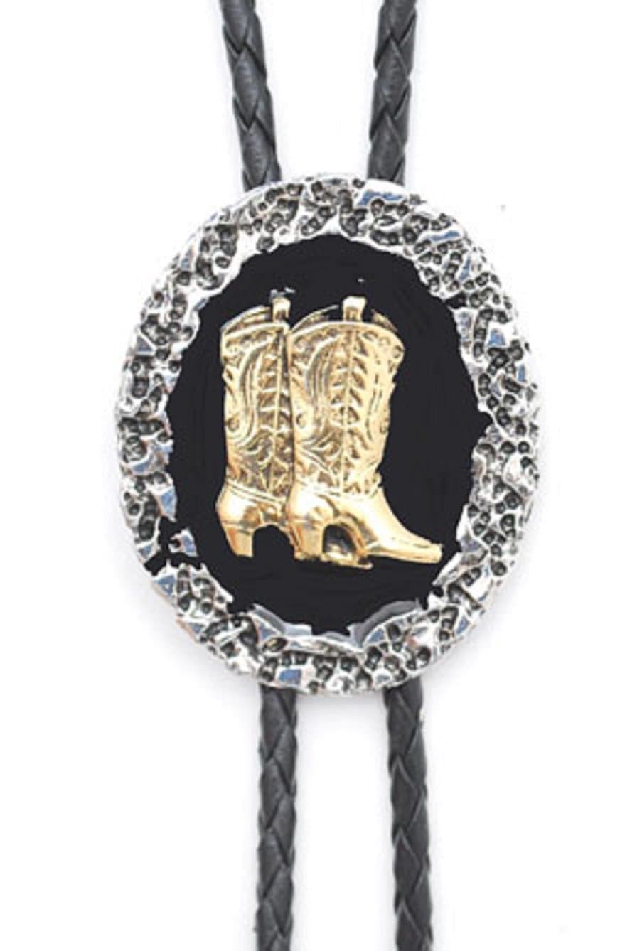 Gold Boots Bolo Tie, Black Epoxy, Silver Trim