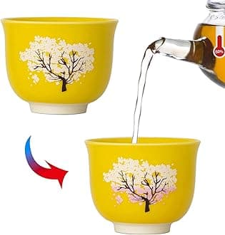 Heat Changing Sensitive Cherry Blossoms Tea Cup, Japanese Style Color Changing Coffee Mug, Unique Magic Coffee Tea Cup for Gift Valentines 4.4 oz/130ml (Yellow)