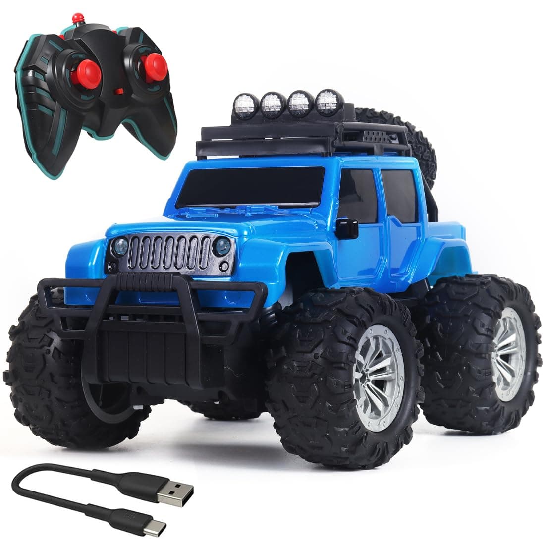 Wembley Offroad Rechargeable Remote Control Car Toy for Boys | Monster Truck RC Car with 4 Headlight Modes | Lithium Battery | C-Type Charging | Remote Car for Kids Adult | Made in India - Blue