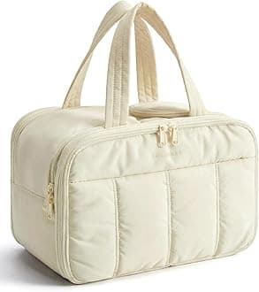 BAGSMART Travel Toiletry Bag, Puffy Large Toiletry Bag for Women, Lightweight Cosmetic Makeup Bag Organizer with Handle for Traveling, Accessories, Essentials, Toiletries （Beige