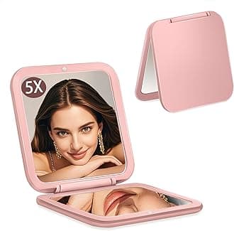 Small Compact Mirror for Purse,5X/1X Travel Magnifying Mirror for Women, Makeup Mirror for Girls, Portable Ultra Slim Pocket Mirror（Pink）