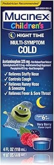 Cold, Cough, and Fever, Mucinex Children's Multi-Symptom, Night Time Cold Liquid, Mixed Berry, 4oz, Reduces Fever, Controls Cough, Relieves Stuffy Nose