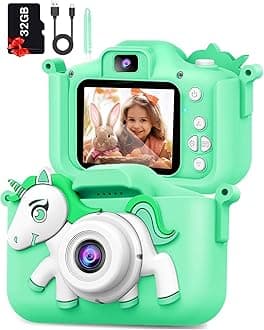Kids Camera Toys for 3-12 Year Old Girls Boys Children Digital Video Camera for Toddlers 1080P Selfie Camera with Cartoon Soft Silicone Cover Green