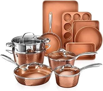 Gotham Steel Hammered 15 Pc Ceramic Cookware Set Nonstick, Induction Pots and Pans Set Non Stick with Bakeware Set & Steamer for Cooking, Non Toxic PFOA PFOS Free, Oven & Dishwasher Safe - Copper