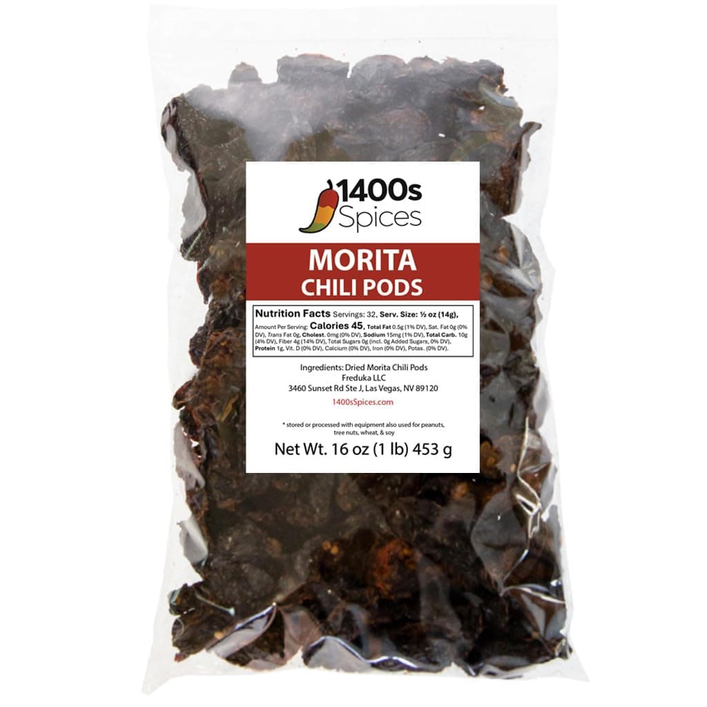 1lb Morita Chipotle Dried Whole Chile Peppers, Chili Seco Pods for Authentic Mexican Food, Heat-Sealed Resealable Bag by 1400s Spices