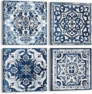 Bedroom Decor Canvas Wall Art Indigo Flower Pattern Prints Bathroom Abstract Pictures Modern Navy Framed Wall Decor Artwork for Walls Hang for Bedroom 4 Pieces Wall Decoration Size 20x20 Each Panel