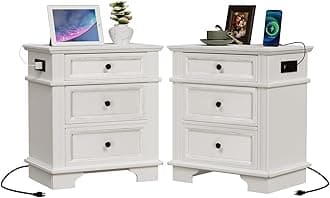 VINGLI White Nightstands Set of 2, 24" W Nightstand with Charging Station, 3 Drawer Nightstand with Textured Drawers, Large Nightstands Wood, Bedside Table,Vintage Night Stand for Bedroom