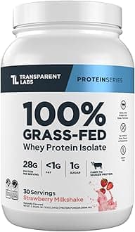 Grass-Fed Whey Protein Isolate - Natural Flavor, Gluten Free Whey Protein Powder w/ 28g of Protein per Serving & 9 Essential Amino Acids - 30 Servings, Strawberry Milkshake