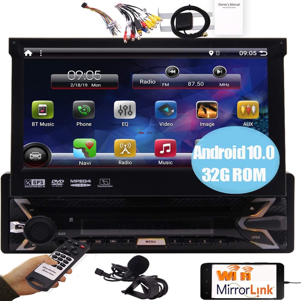 Android Auto Car Stereo Single Din Touch Screen Carplay DVD Player 7 inch System GPS Navigation in Dash 1 Din Headunit Car Radio Bluetooth WiFi Mirrorlink Cam-in SWC CD LED Light External Microphone