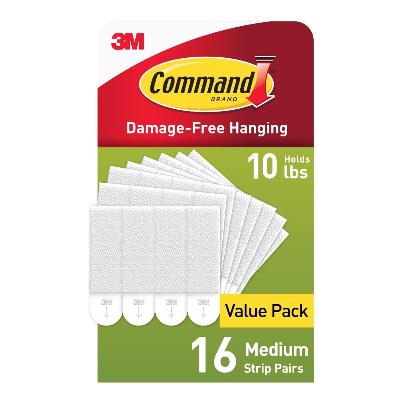 Command PH204-16NA Picture Hanging Strips, Medium, White, Holds up to 12 lbs, 16-Pairs, Easy to Open Packaging Hardware