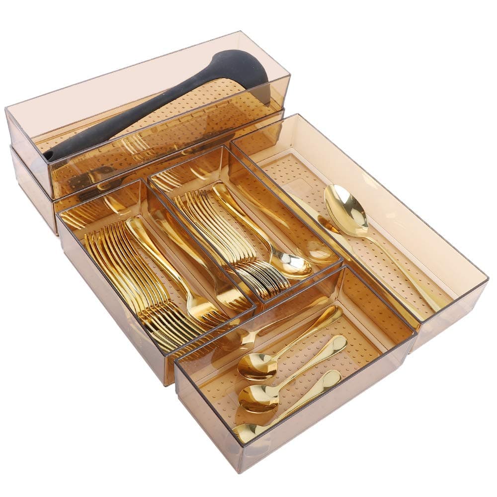 Mebbay 6 Pack Untensil Drawer Organizer Trays, Stackable Acrylic Kitchen Drawer Organizer for Silverware, Flatware, Cutlery Holder, Narrow (3 Big and 3 Small)