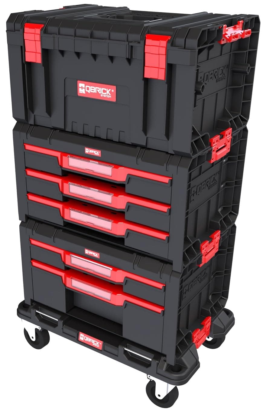 Qbrick Tool Trolley with Empty Tool Box and Drawers - Set of 3 - Empty Workshop Trolley with Wheels, Tool Box with Organiser, Stackable - Qbrick System Pro Drawer Workshop Set No. 2