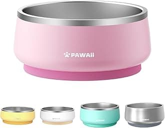 Pawaii Dog Bowl, Dog Water Bowl with Non-Slip Rubber Base, Metal Insulated Stainless Steel Dog Bowls with ID Tag, Double Wall Dog Bowl for Small Medium Large Dogs, Durable, Dishwasher Safe, 34oz