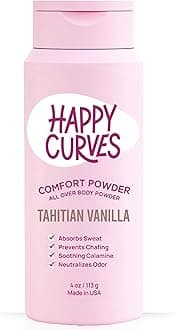 HAPPY CURVES Comfort Powder: Talc Free Anti Chafe Body & Foot Dusting Powder Deodorant for Inner Thigh Chafing, Private Areas, and All Over Body for Women 4oz (Pack of 1), Tahitian Vanilla
