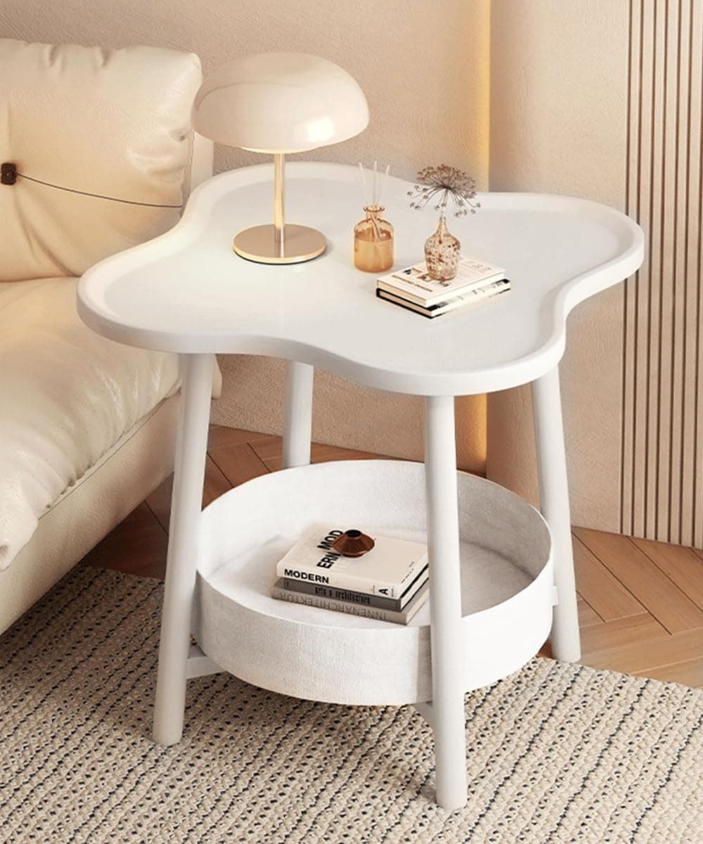 End Table, Sofa Side Snack Table, Coffee Table with Storage Basket, MDF Desktop & Metal Legs, Cream Style Side Table for Bedroom Living Room Office Cafe, Elegant Durable Useful (white, 40x40x50cm)