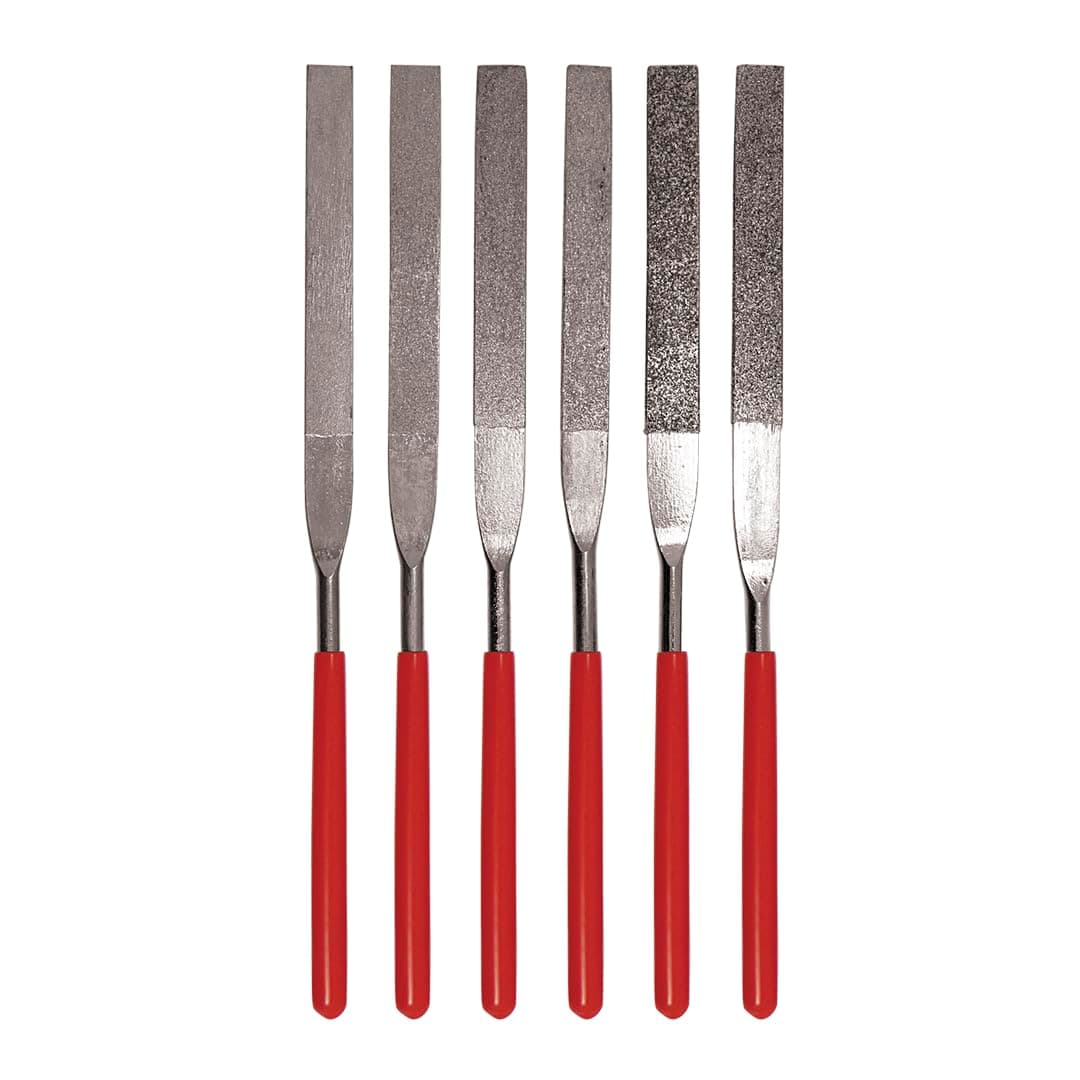 SE 74330DF 6-Piece Flat Diamond Grit File Set - Multi-Grit for Metals, Glass, Stones - 7" Length, 2" Diamond Surface, Round Handles - Includes PVC Pouch