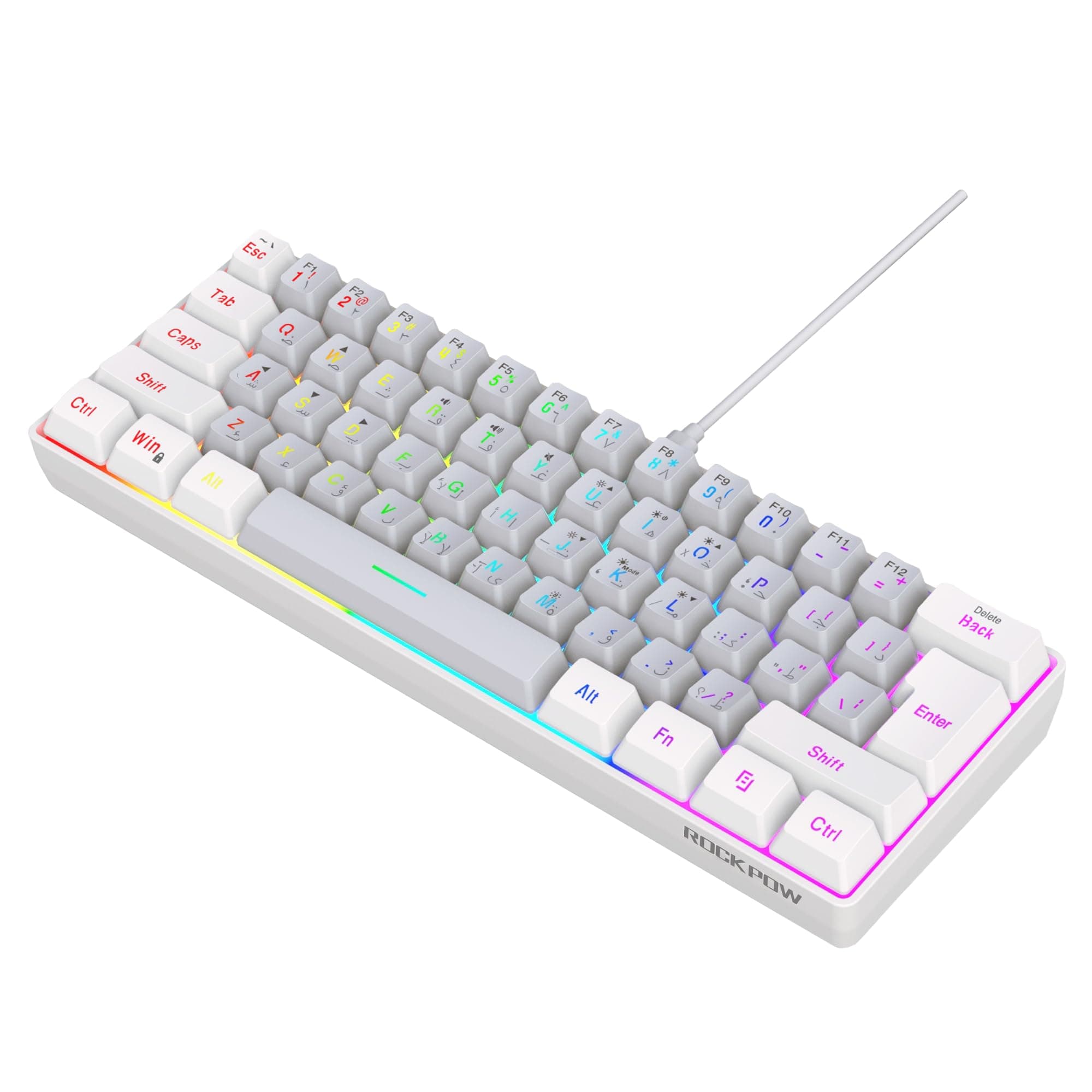 ROCK POW Arabic English 60% Wired Gaming Keyboard, RGB Backlit Mini Keyboard, Waterproof Small Ultra-Compact 61 Keys Keyboard for PC/Mac Gamer, Typist, Travel, Easy to Carry on Business Trip