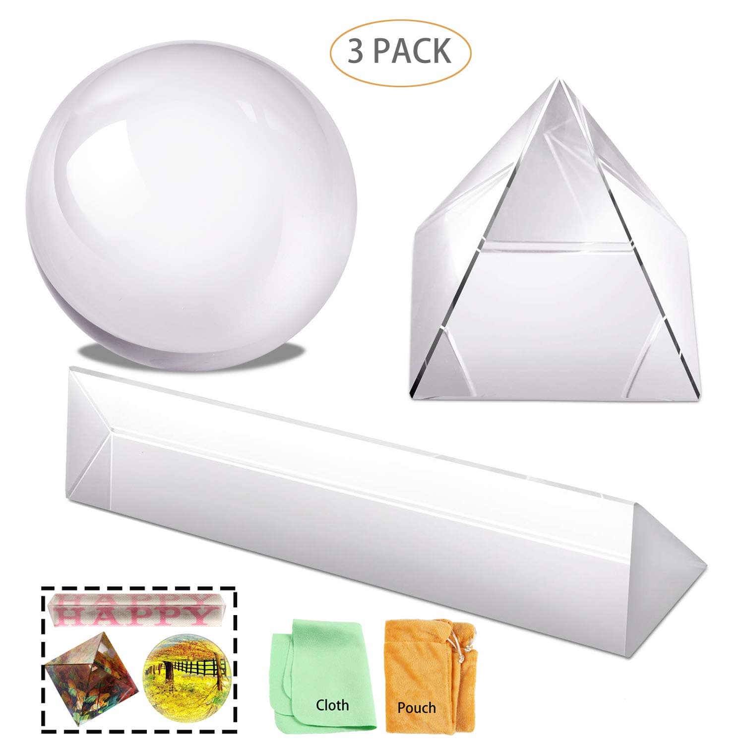 Hartop Clear K9 Crystal Ball Crystal Pyramid Crystal Triangular Prism with Microfiber Pouch Wiper Cloth for Photography Accessory and Art Decor