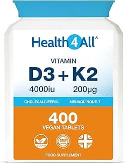 Health4All Vitamin D3 4000iu & Vitamin K2 200ug (Natural MK7) 400 Tablets (1+ Year Supply) Vegan Vitamin D3 K2 Supplement, High Strength MK-7 from Natto, Made in The UK
