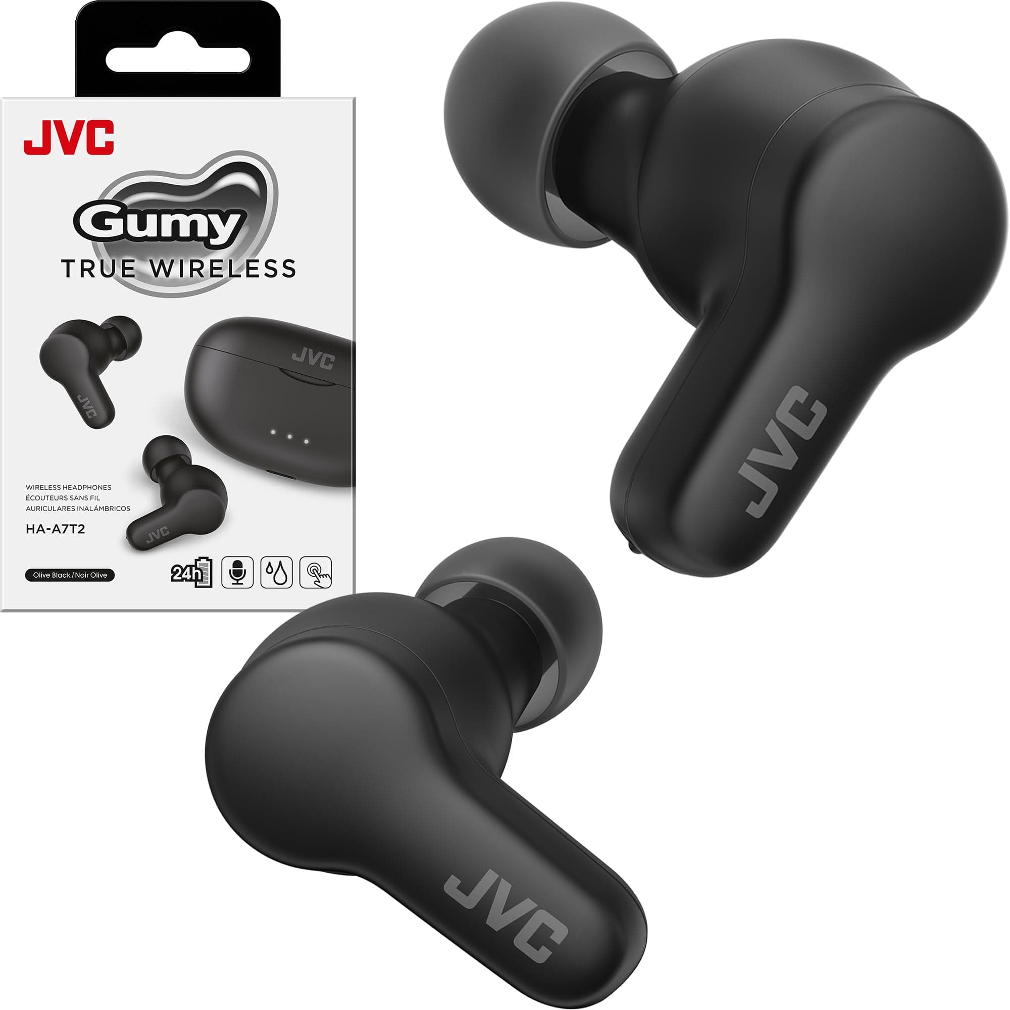 JVC Gumy True Wireless Earbuds, Bluetooth 5.3, Charging Case, 24-Hour Playback, IPX4 Water Resistant, Comfortable Secure Fit with XS/S/M/L Earpieces, Built-in Mic for Calls, iPhone/Android/PC - HAA7T2
