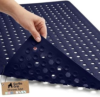GORILLA GRIP Patented Bath Tub Shower Mat, Machine Washable Bathtub Floor Liner Mats, Suction Cups and Drain Holes to Keep Tubs Clean, Soft on Feet, Bathroom Essentials, 35x16 Inch, Navy Opaque