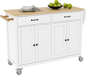 LUMISOL Rolling Kitchen Cart with 2 Drawers, Kitchen Island on Wheels with Solid Wood Top, Large Portable Trolley Island with 2 Cabinets for Dining Room Living Room, White