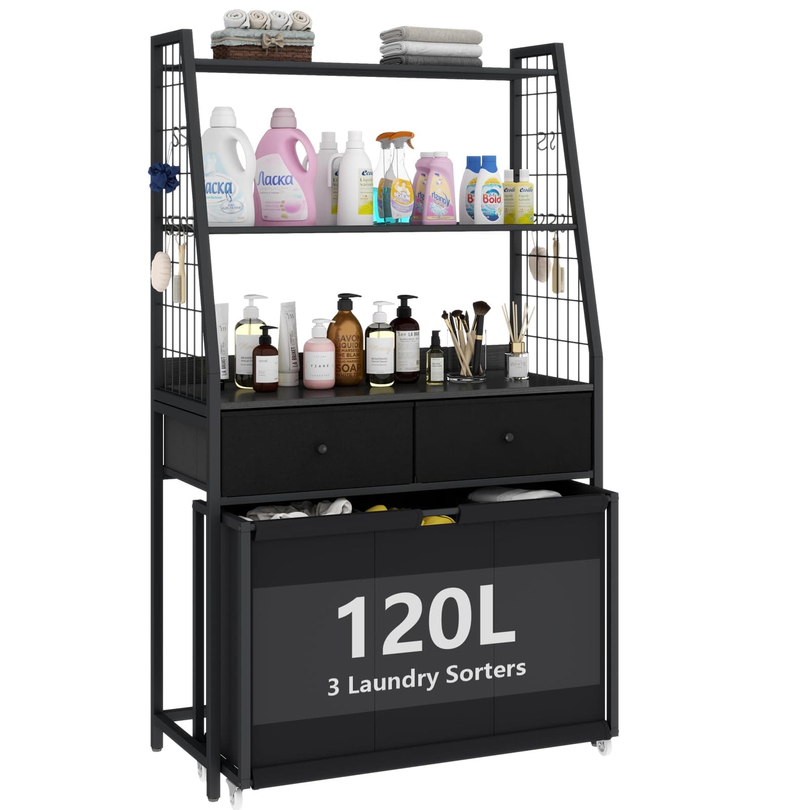 STIKELY Laundry Hamper Laundry Basket with 3 Section Pull-Out Rolling Bags & 2-Tier Storage Shelf, Laundry Sorter for Organization and Storage with 2 Drawers for Laundry Room, Bathroom