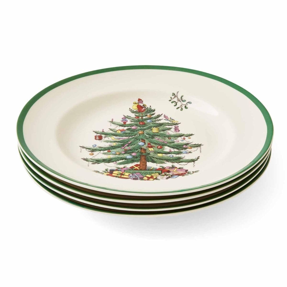 Spode Christmas Tree 10.5" Dinner Plate (Set of 4) - Festive Holiday Stoneware Plate with Christmas Tree & Green Borders, Microwave, Dishwasher, Freezer, Oven Safe - Holiday Tableware