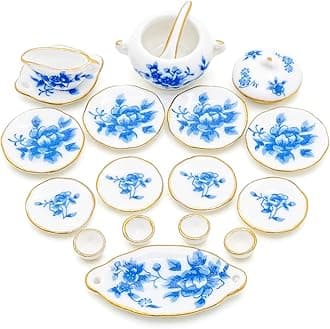 Odoria 1/12 Miniature Dish Dinnerware Set 17Pcs Dollhouse Decoration Accessories, Blue Blossom