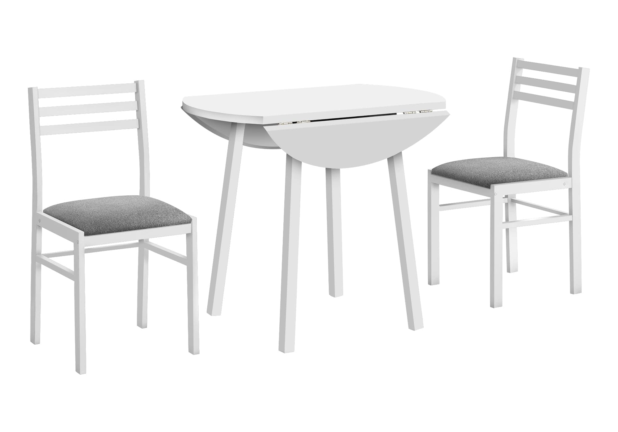 Monarch Specialties I 1011 Dining Table Set, 3pcs Set, Small, 35" Drop Leaf, Kitchen, White Metal and Laminate, Grey Fabric, Contemporary, Modern