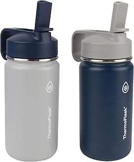 ThermoFlask Kids Bottle with Straw Lid - Durable & Dishwasher-Safe Water Bottles & Lids - Leak-Proof Bottle Lid Design - Reusable Water Bottles for Everyday Use - 14 oz, Harbor Grey/Denim (2 Pack)