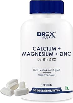 Calcium Magnesium Zinc Vitamin D3, B12 & K2 | Supplement For Bone Health & Joint Support | For Women & Men - 120 Vegetarian Tablets