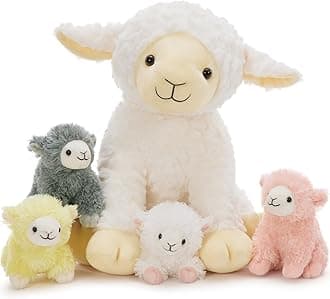 Muiteiur 5Pcs Lamb Stuffed Animals, Soft 13.8" Sheep Stuffed Animals Set for Kids, Cute Sheep Plush with 4 Baby Lamb Toys, Gift for Birthday