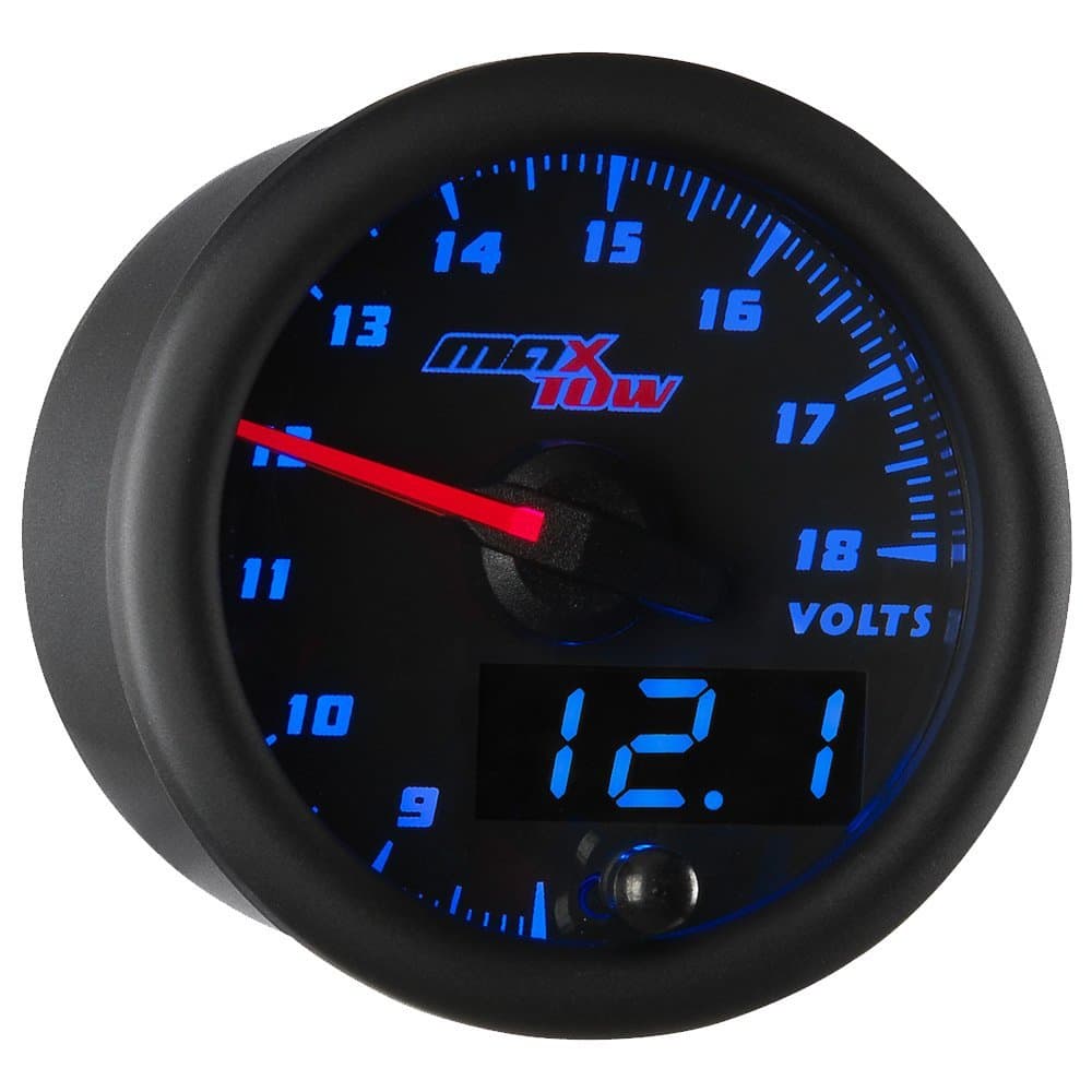 MaxTow Double Vision Volt Voltmeter Gauge - Voltage Range 8-18 Volts - Black Gauge Face - Blue LED Illuminated Dial - Analog & Digital Readouts - for Trucks - 2-1/16" 52mm