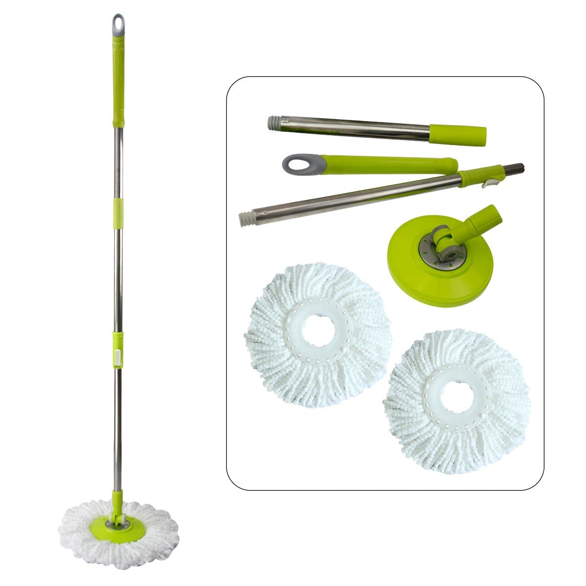 JOYCLEAN Spin Magic 360 Easy mop Handle and easywring mop Head Replacement for Both Hand Press and Pedal mop Buckets (Green Set with 1 Max. 4.7ft Pole, 2 Microfiber mop Head,)