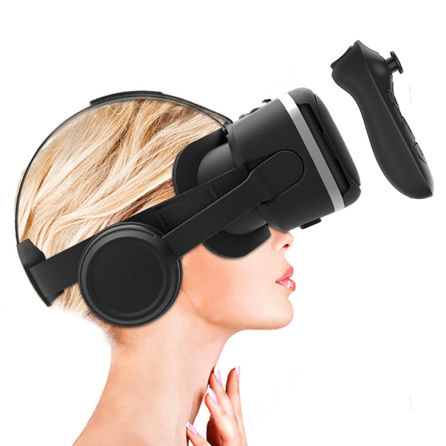 Play VR Plus - HD 3D Virtual Reality Headset with Adjustable HD Lens, Stereo Headphones, Touch Button, Controller - Mobile VR Gaming & Learning Compatible