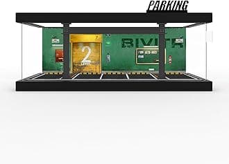1/64 Diorama Plastic Display Case - Compatible with Hot Wheels Matchbox Mini GT Diecast Cars,for Model Car Display and Storage,Stackable Garage with LED Lights and Acrylic Cover (LM-GreenWall)