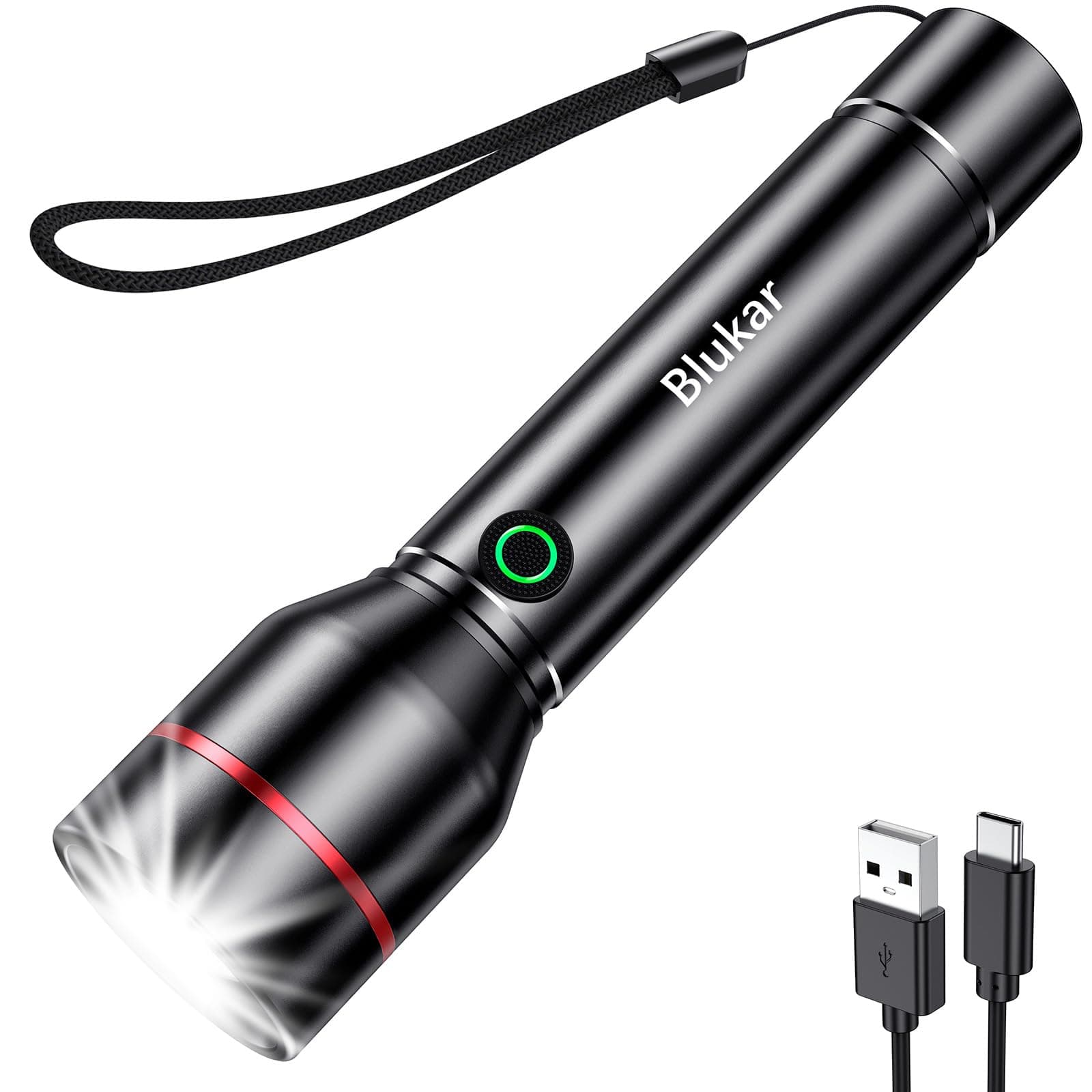 Blukar LED Torch Rechargeable, Super Bright Adjustable Focus Flashlight with 5 Lighting Modes, Long Battery Life, IPX6 Waterproof Mini Tactical Torches for Power Cuts, Emergency [USB C Cable Included]