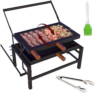 - COGO FLIP Large BBQ | Tongs & Oil Brush | Flipping Mechanism | Adjustable 4 Heat Levels | 17 x 22 x 19 inch | Lightweight & Strong Metal Frame | Home Charcoal Grill | Outdoor Barbeque | Colour: Black
