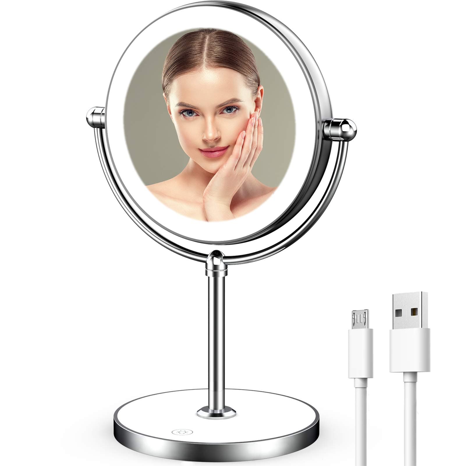 Rechargeable Lighted Makeup Mirror with Dimmable Lights 7X Magnifying Mirror Double Sided Portable Magnified Mirror, Base Touch Button Wireless with Rechargeable Battery Shipped from US