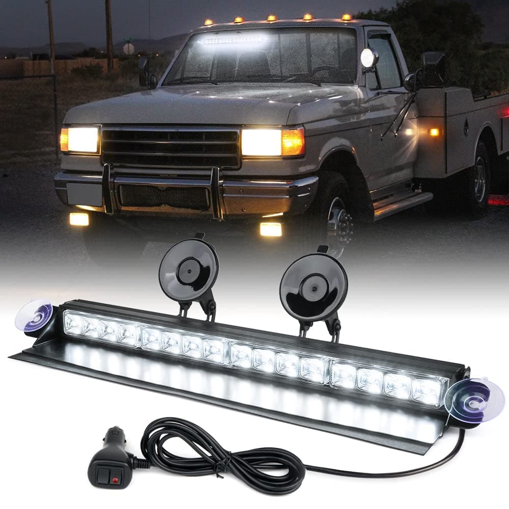 Windshield Dash Strobe Light Bar w/Suction Cups, Super Bright White LED Visor Rear Deck Window Hazard Warning Flashing Lights for Emergency Law Enforcement POV Vehicles Trucks