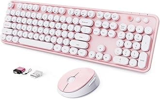 Wireless Keyboard and Mouse Combo, Ergonomic Full Size Typewriter Retro Round Keycaps Keyboard, Compatible with Windows, PC, Perfer for Home and Office Keyboards (Lovely Pink)