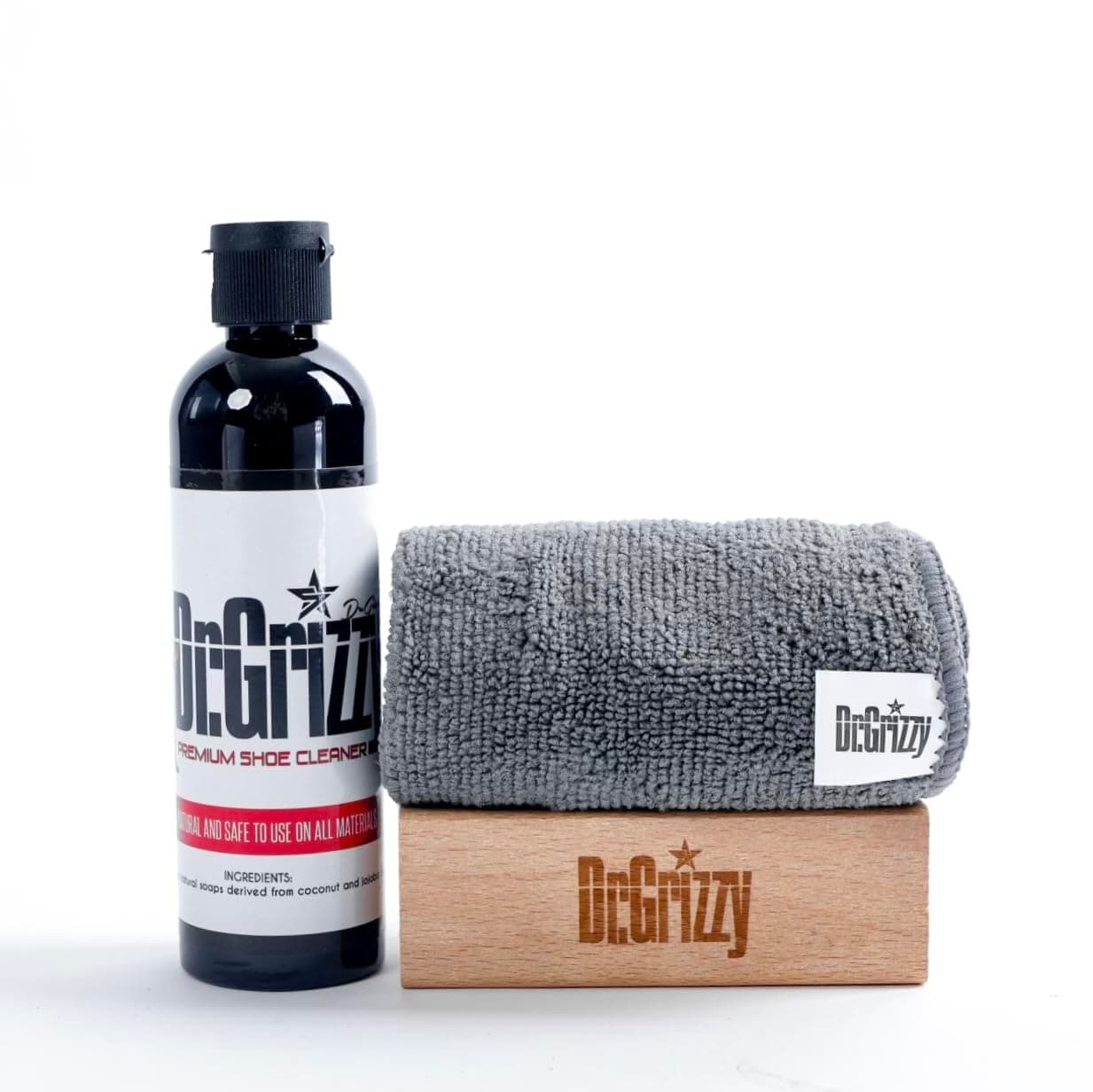 Dr. Grizzy Premium Shoe Cleaner - Natural Foaming Solution w/Medium Brush & Microfiber Rag - Essential Sneaker Cleaning Kit for Leather Canvas Mesh Whites Knit Suede & Nubuck Shoes - 4 Oz
