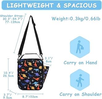 VASCHY Kids Lunch Bag, Insulated Reusable Lunch Box for Boys with Removable Shoulder Strap for School, Black Dinosaur
