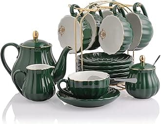 SweejarPorcelain Tea Sets British Royal Series, 8 OZ Cups& Saucer Service for 6, with Teapot Sugar Bowl Cream Pitcher Teaspoons and Tea Strainer, Suitable for High Tea, Wedding, Party (Jade)