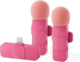 BOYA Wireless Lavalier Microphone, iPhone iPad ANDROID Phone Omnidirectional, External Mini Lapel, Lightning USB-C Microphone (Pink, Lightning(TX+TX+RX))