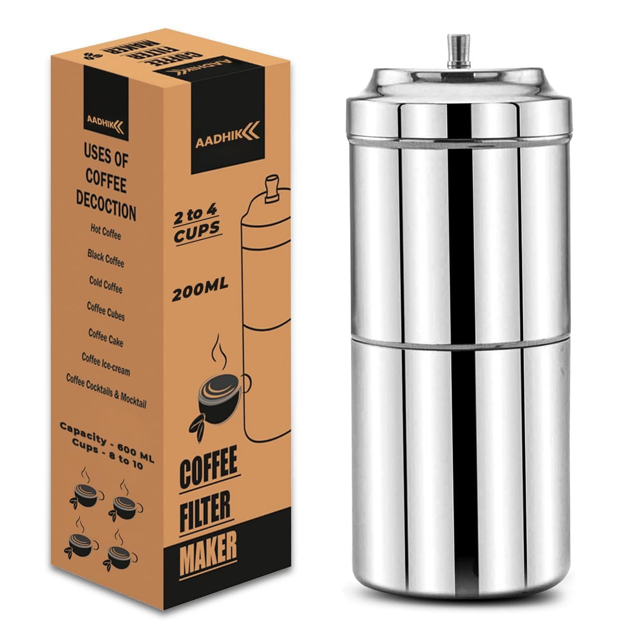 AADHIK South Indian Filter Coffee Maker with Filter 200 ML 2-4 Cup Mug Dripper Stainless Steel Medium Size for Home & Kitchen