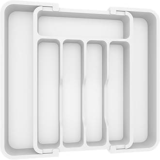 Lifewit Cutlery Drawer Organiser, Extendable Cutlery Tray,8 Compartment, Kitchen Utensil Drawer Organiser for Spoons Forks Knives, WhiteRecycled Claim Standard 100