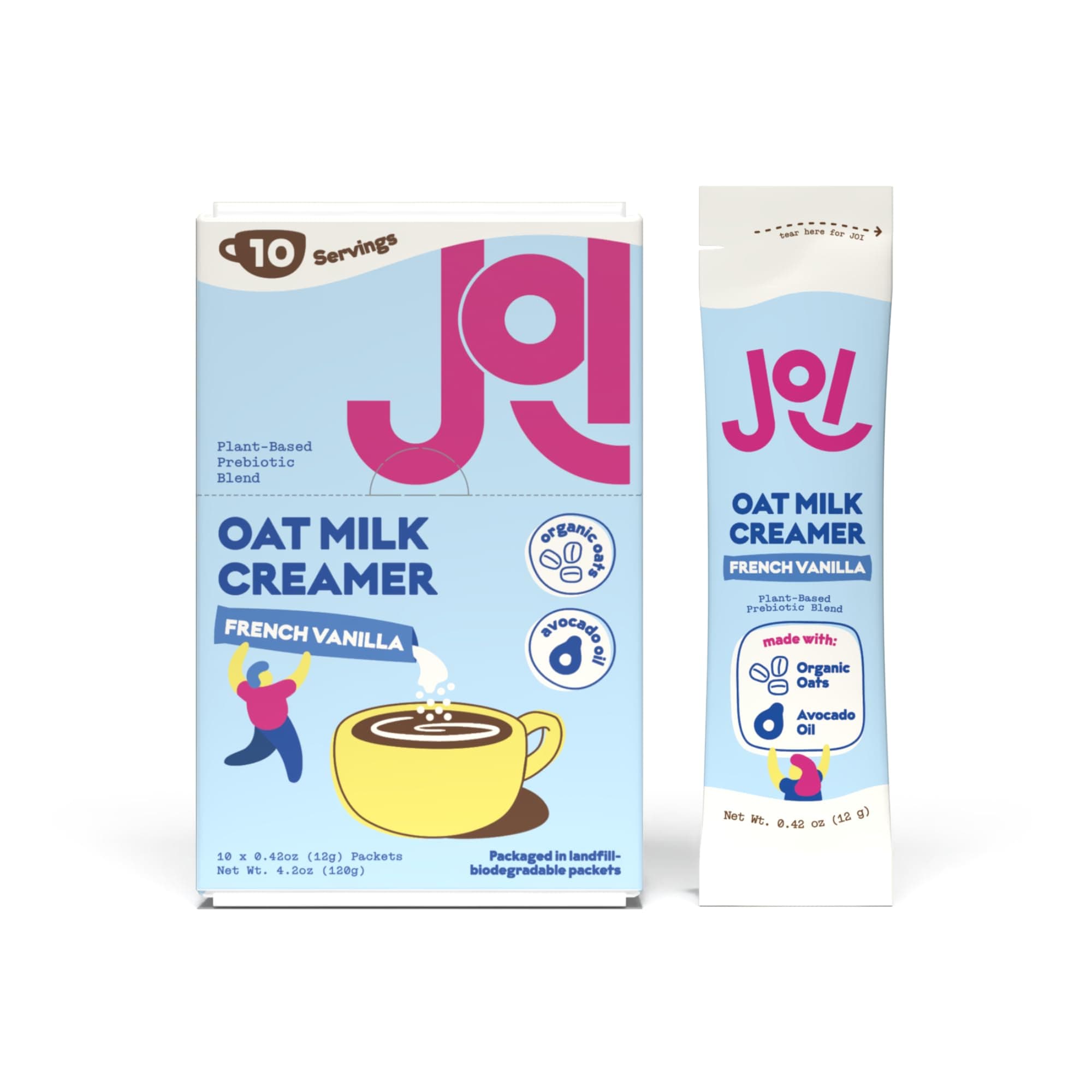 JOI Oat Milk Coffee Creamer, French Vanilla - 10 Biodegradable Single Serves. Functional, Prebiotic Superfood, Vegan, Dairy Free, Non-Dairy, Plant Based, Kosher, Non-GMO, Shelf-Stable, Barista, Fortified with Calcium. Use in Coffee or Protein Shakes. Single Serve, Travel Packs. Low Sugar. Contains Organic, Glyphosate-free Oats and Avocado oil. Zero Gums, Perservatives, or Seed Oils.